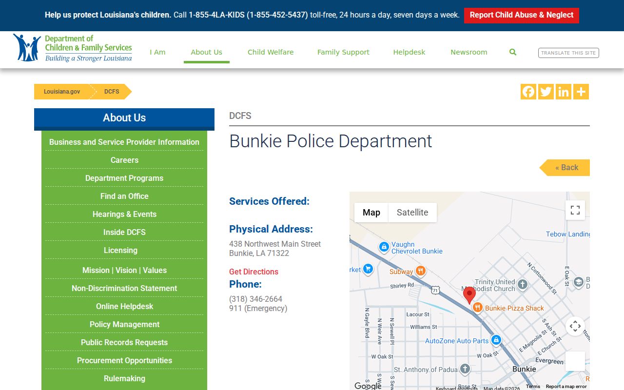Louisiana directory listing for Bunkie Police Department