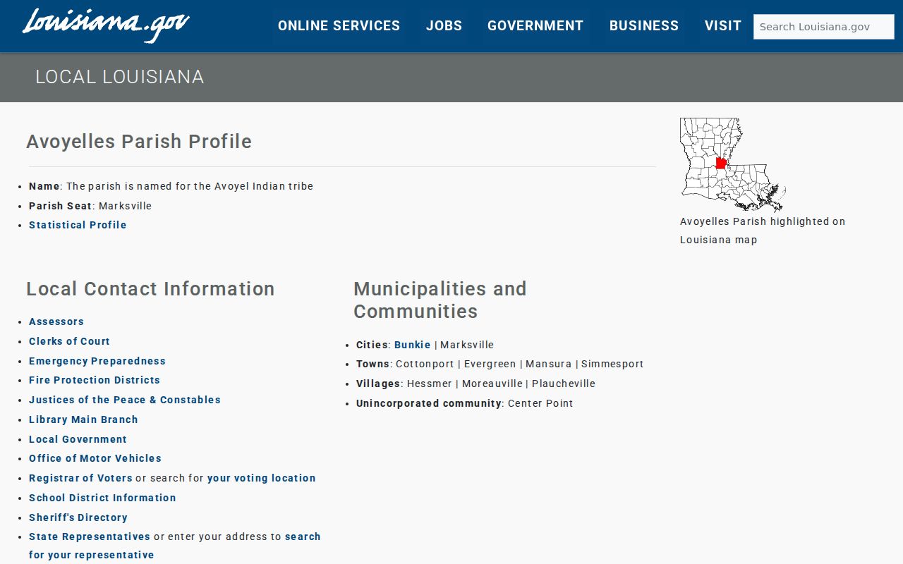Louisiana official profile for Avoyelles Parish and its communities