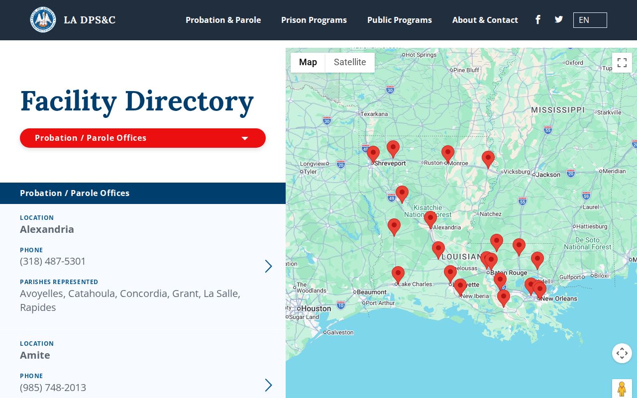 Louisiana probation and parole office directory serving Avoyelles Parish